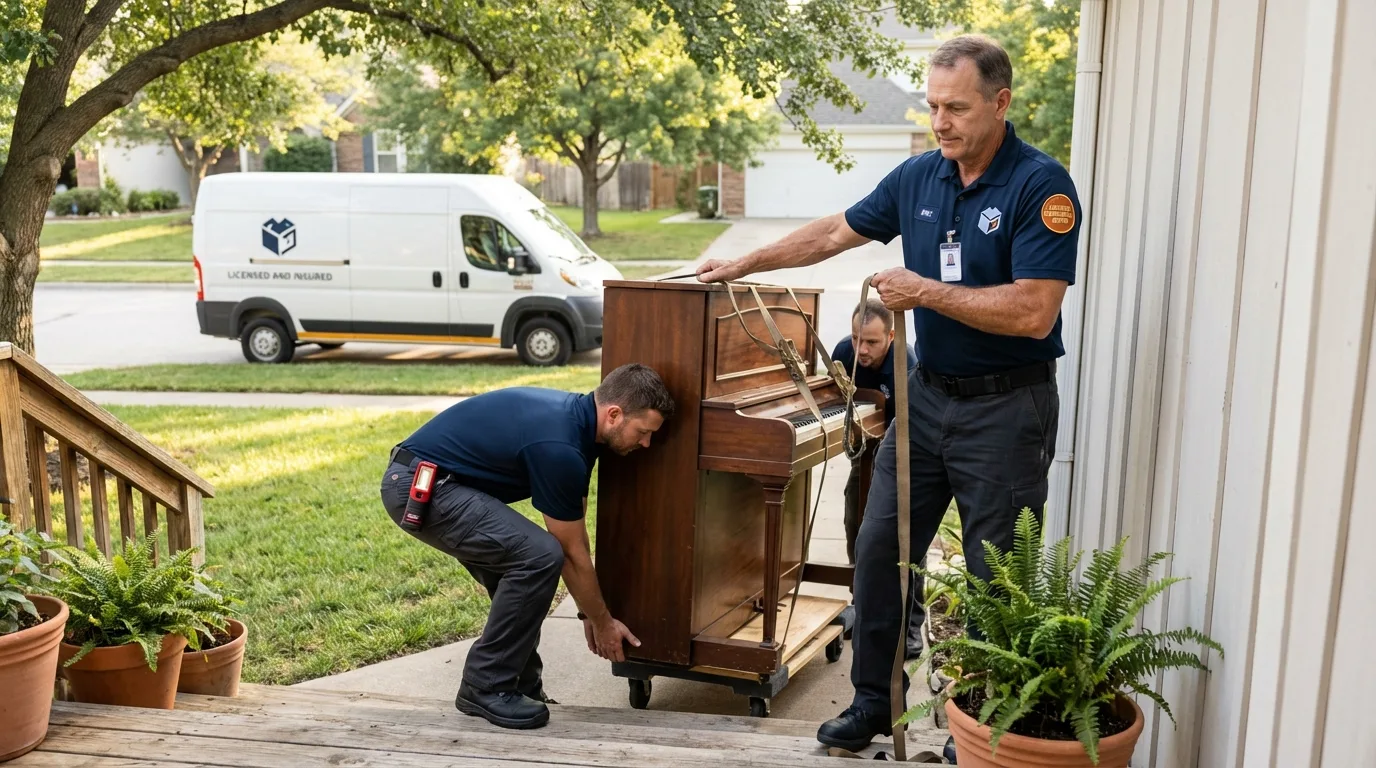 Licensed piano movers securing grand piano in Trinity, NC