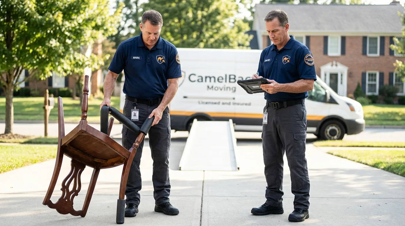 Movers inspecting furniture for damage prevention before loading in Trinity, NC