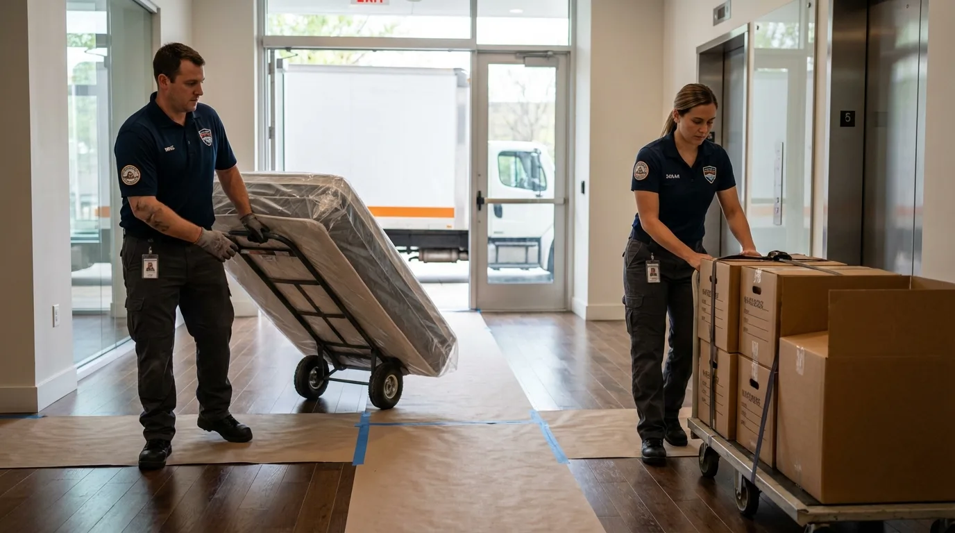 Professional apartment movers loading elevator in Trinity, NC